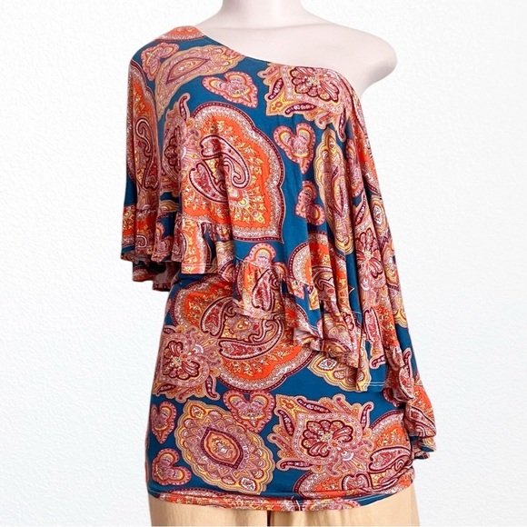 Voom by Joy Han USA Paisley Print One Shoulder Ruffle Blouse SZ XL - Picture 1 of 7